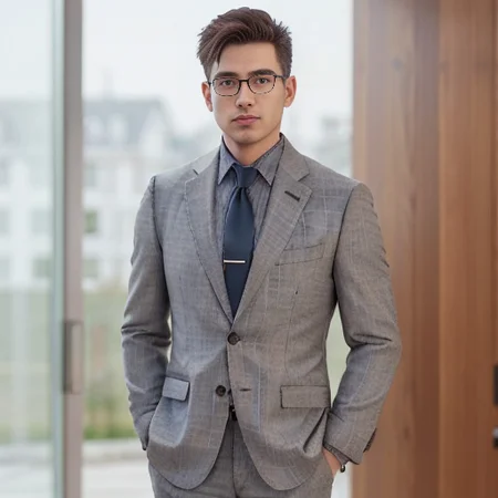 Realistic, (masterpiece, best_quality:1.1), a man wearing glasses standing in front of a glass door with a cross on it, zegna, Drop+7, Double vents, Notch lapels, Flap pockets, 2-button closure, Fully lined, Deconstructed, 100%+Wool, Grey, suits, young, wearing a undercloth and tie, oxford knot