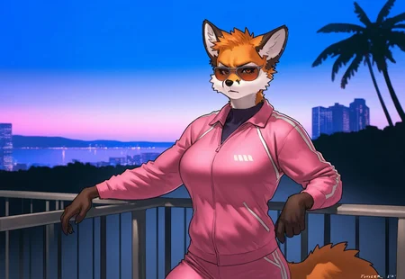 safe_pos, (pgm300, taran fiddler), masterpiece, best quality,
detailed background, detailed:1.2, detailed light, 5 fingers, solo, female, anthro, furry, fox, medium breasts, serious face, sunglasses, pink jacket, pink pants, synthwave, city, palm tree, beach,
masterpiece, best quality, good quality, newest,