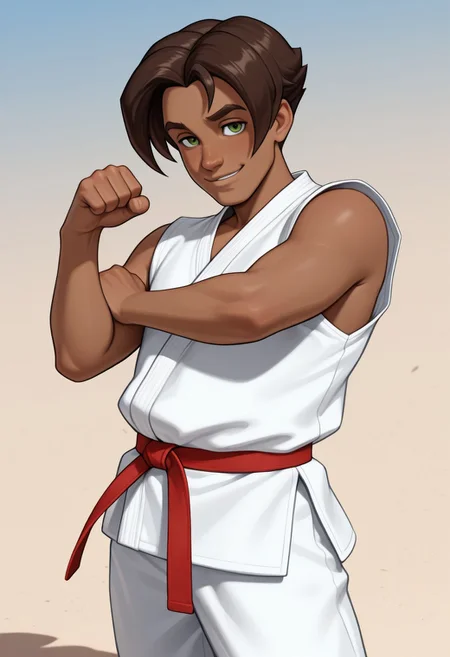 masterpiece, absurdres, high quality, perfect anatomy, 1boy, solo, cute boy, male focus, Presley, Dark Skin, Brown Hair, Green Eyes, Dougi, Red Belt, sleeveless, smug smile, cinematic, intricately detailed illustration, depth of field, masterpiece, best quality, amazing quality, very aesthetic, absurdres, newest, very awa,  shadow, dynamic angle, casual cosplay, dynamic pose, simple background,