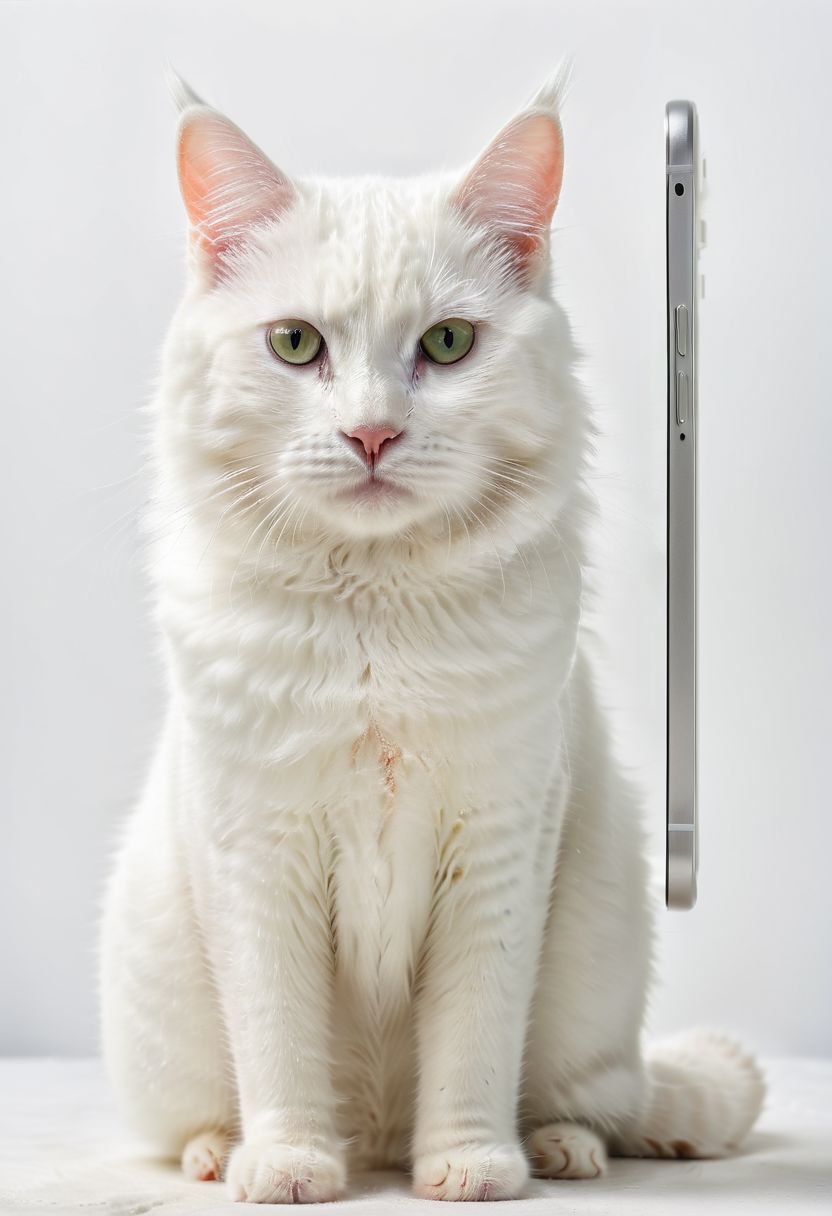 A white cat with smartphone, photo smartphone, detailed smartphone, simple background, 8k, HD . Overall, the image depicts the smartphone as a white cat device, a perfect blend of feline and scientific nature.