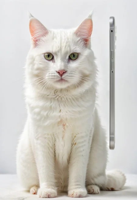A white cat with smartphone, photo smartphone, detailed smartphone, simple background, 8k, HD . Overall, the image depicts the smartphone as a white cat device, a perfect blend of feline and scientific nature.