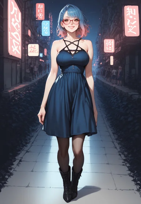 safe_pos, score_9, score_8_up, score_7_up, score_6_up, rating_questionable,styleFuchitoro, sketch, thick outline, black and white, 1girl, Beth, BethRH, cute face, medium hair, side braid, blue hair, pink gradient hair, brown eyes, detailed eyes, large breasts, curvy, pale skin, big squared eyeglasses, red framed eyeglasses, clear eyeglasses lens, HD32k, pentagram dress, blue dress, pantyhose, boots, night city, neon lights, smiling, full body shot