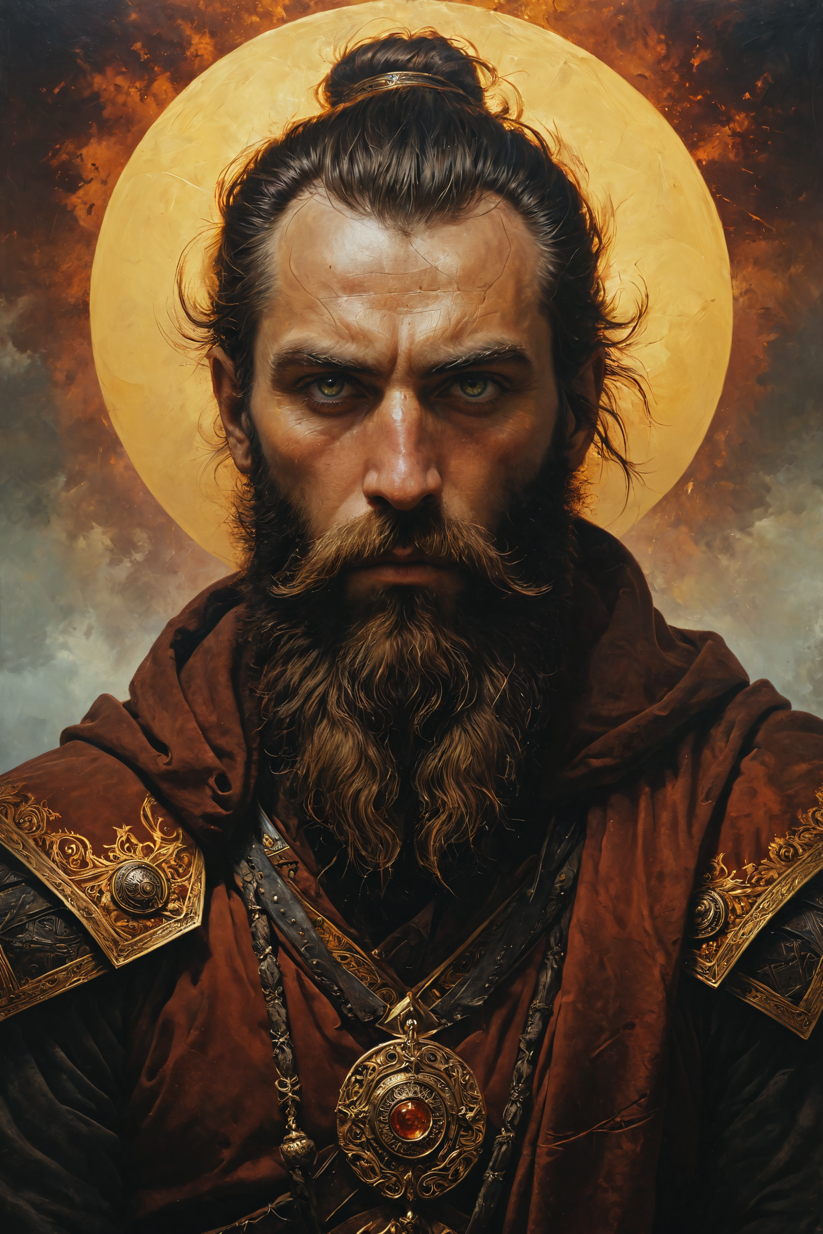 (art by Master of the Worcester Panel and Sergei Arksentevich Kolyada and Caspar David Friedrich:1.2),(burgundy and citrine colors:0.1),symmetry composition,highly detailded,smooth,sharp,painting of ancient warrior dressed as godlike ancient warrior,handsome,full beard,by alena aenami,oil painting on canvas,cinematic mood lighting high quality,stephen,<lora:Desolation:0.3>,<lora:envy_rough_oil:0.3>,