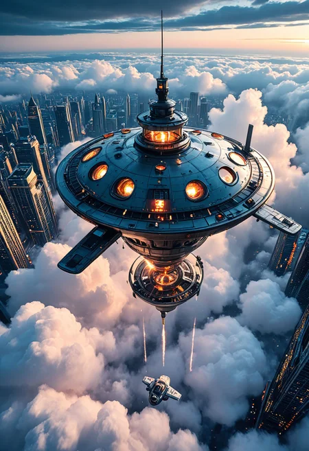 SmoothNoob_Quality, above clouds, flying saucer, mothership, city lights, cityscape, <lora:Smooth_Booster:0.5>βββ