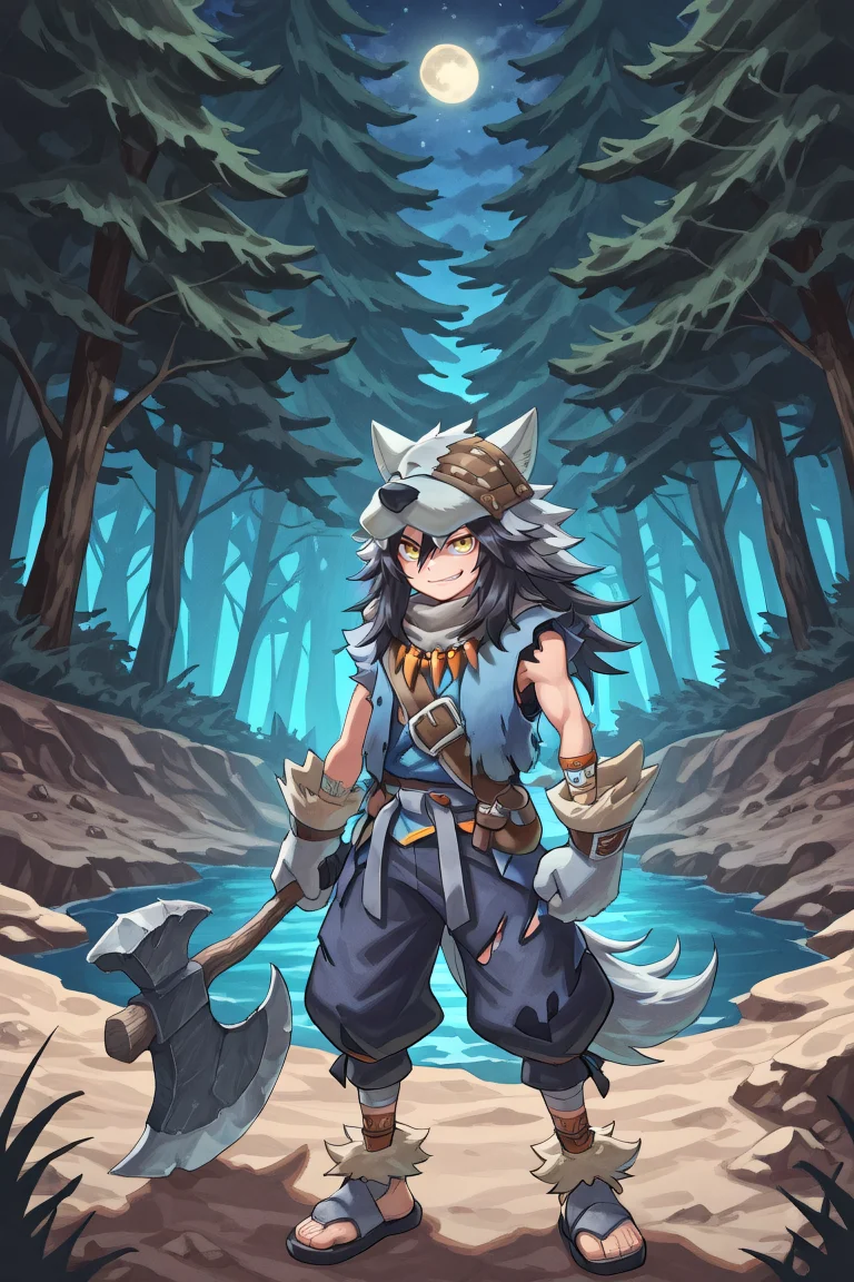 <lora:FlunkyIL:0.8> , fludef, 1boy, black hair, long hair, yellow eyes, wolf hat, wolf hood, wolf pelt, wolf tail, grey scarf, bandana around neck, necklace, tooth necklace, fur trim, blue vest, torn clothes, paw gloves, sandals, full body, wasteland, forest, bridge, mountains, exterior, night, smile, looking at viewer, holding axe, double-sided axe, great axe, smirk, (solo), masterpiece, very aesthetic, absurdres, best quality, amazing quality, high resolution, detailed background, <lora:illustrious_quality_modifiers_masterpieces_v1:0.8> , <lora:ChamIllustriousBackgroundEnhancer:0.5>