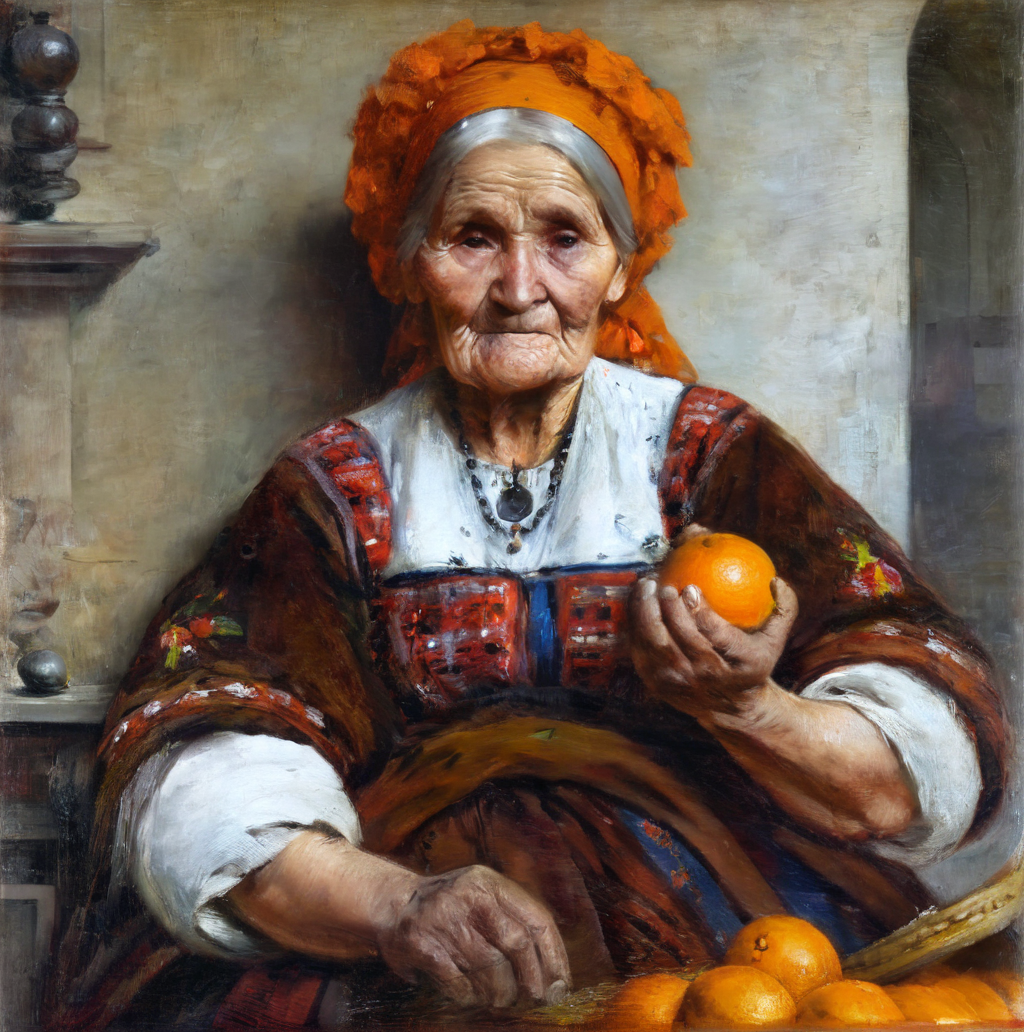 agierymski close up old woman in national costume holding an orange<lora:agierymski:1>
