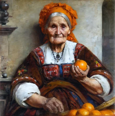 agierymski close up old woman in national costume holding an orange<lora:agierymski:1>