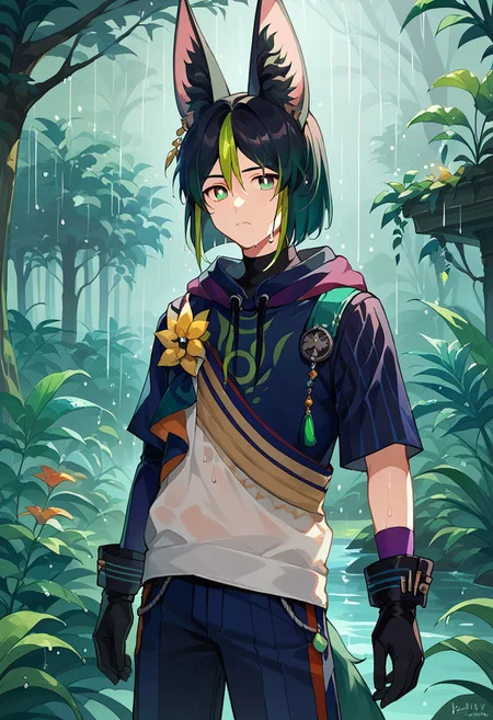 score_9, score_8_up, score_7_up, source_anime, highly detailed,
Tighnari, 1boy, male focus, solo, fox boy, animal ears, animal ear fluff, fox ears, fox tail, multicolored hair, streaked hair, blunt ends, hair between eyes, black hair, green hair, bangs, green eyes, multicolored clothes, hoodie, hood, blue hoodie, drawstring, asymmetrical sleeves, gloves, black gloves, pants, blue pants,
outdoor, rainforest, plants, rain, wet, wet hair, frown,