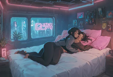 score_9,score_8_up,score_7_up,score_6_up, 2girls, both girls in bed, next to each other, both are sleeping,
sleeping in bed next to a large window, eyes closed, sleeping, steaming coffee cup on windowsill, wearing croptop hoodie, black croptop hoodie, long hair, black hair, low ponytail hairstyle, head resting on pillow, laying on the bed, hoodie, plants on the windowsill, facing viewer, tidy bedroom, small room, cramped bedroom, teddies on the bed, pink pillows, wearing legging, see through thights, black tights, cyberpunk city view out of the window, neon light, purple neon lights,