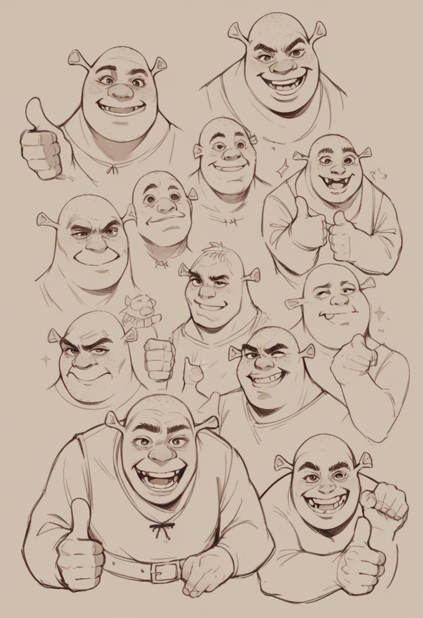 score_9, score_8_up,score_7_up, source_ anime, lineart, sketch, shrek, thumbs up, wide smile, upper body, 
<lora:Potat-lineart_sketch_v1-USENEG:-0.85> <lora:Shrek_XLPD:0.8>