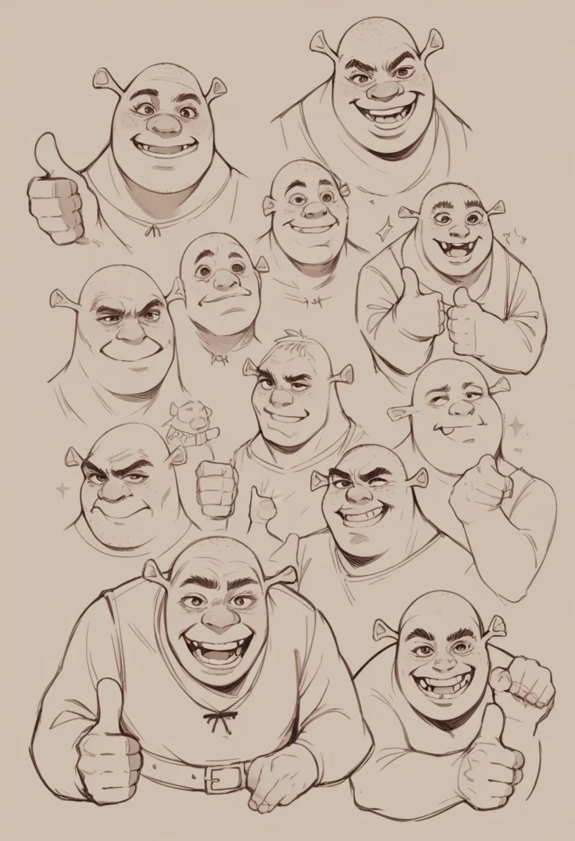 score_9, score_8_up,score_7_up, source_ anime, lineart, sketch, shrek, thumbs up, wide smile, upper body,
<lora:Potat-lineart_sketch_v1-USENEG:-0.85> <lora:Shrek_XLPD:0.8>