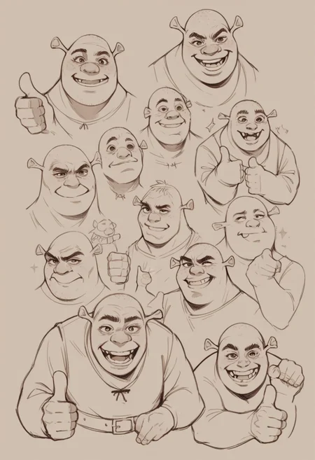 score_9, score_8_up,score_7_up, source_ anime, lineart, sketch, shrek, thumbs up, wide smile, upper body,
<lora:Potat-lineart_sketch_v1-USENEG:-0.85> <lora:Shrek_XLPD:0.8>