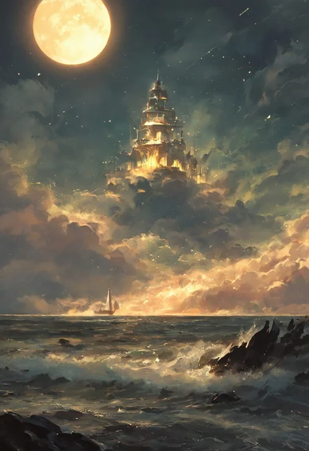 score_9, score_8_up, score_7_up, Under the eerie glow of a full moon, a dark and ominous landscape unfolds. A vibrant, colorful ship stands by the edge of a serene ocean, its vivid hues contrasting starkly with the foreboding atmosphere. In the background, a lighthouse stands atop jagged rocks, its light cutting through the darkness and reflecting off the ocean's surface, glistening in the moonlight. Thick, swirling clouds loom overhead, adding to the sense of an evil presence. The moonlight filters through the clouds, casting an otherworldly glow over the scene. A falling star streaks across the sky, adding a touch of mysticism to the night. The air is thick with a sense of ancient secrets and dark magic, as if the very night is alive with hidden power. romantic impressionism,dream scenery art,beautiful oil matte painting,romantic,style of thomas kinkade,beautiful digital painting,anime landscape,romantic painting,dreamlike digital painting,colorful painting,beautiful gorgeous digital art,style of greg rutkowski,janek sedlar,jenny saville
