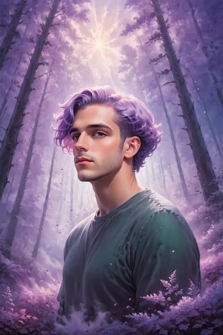 cosmic canvas, forest background, painting of a handsome man,clothing_male_top_, Crew cut, Lilac hair, surrounded by clouds, <lora:Cosmic_Canvas_SDXL:1>