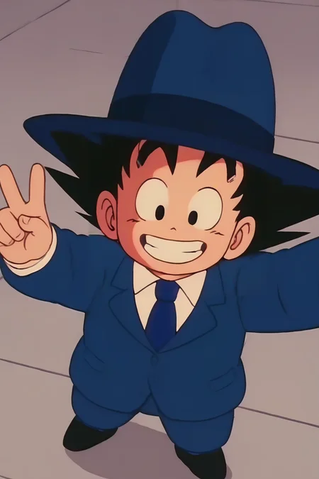 source_anime, score_9, score_8_up, score_7_up, anime screencap,8k, absurd res, son goku, smile, black hair, 1boy, blue headwear, hat, full body, male focus, outdoors, necktie, teeth, grin, black eyes, formal, blue suit, white shirt, collared shirt, spiked hair, blue necktie, shoes, looking at another, male child, clenched hand, chibi, arm at side, 1980s \(style\), retro artstyle selfie, from above,
<lora:gokudb_pony_v3:0.8>