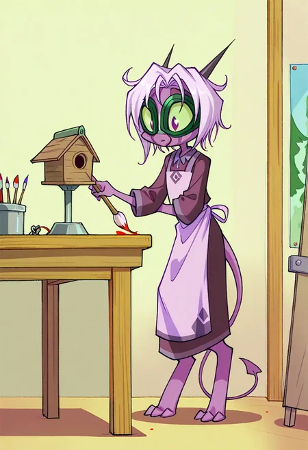 score_9, score_8_up, score_7_up,namah_calah,
1girl,solo,furry,tail, source_furry,horns,
,<lora:namah_calah_illustrious:0.8>,
child, kid,
painting a handmade birdhouse in a craft workshop, birdhouse, paintbrush, workshop_table, apron, wood_shavings, concentrated, indoor, tools, safety_goggles, messy_hair