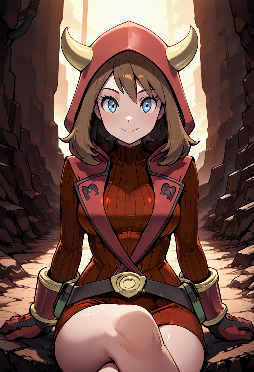 masterpiece, best quality, solo, curvy, beautiful eyes,  zzMayMagCitron, blue eyes, brown hair, medium hair, red dress, red gloves, hood up, fake horns, ribbed dress, ,<lora:MayMagmaPokemonCitron_IXL:1.0>, sitting, crossed legs, upper body focus, smile, looking at viewer, shiny skin,