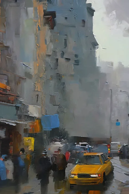 City,(rainy day:1.2),Wet,Car,a bustling street,bichu,oil painting,masterpiece,best quality,HDR.UHD.4K,8K,64K,<lora:bichu230728-000006_0.5+bichu230729-000008_0.5>,<lora:gloomyXL:0.8>,gloomy,