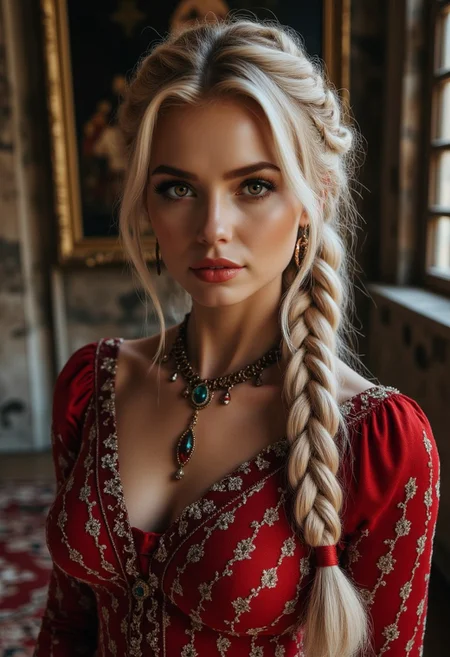 (photorealistic:1.4) (sharp focus:1), portrait of a (beautiful blonde woman:1.3), hazel eyes, (long braided hair:1.3) (perfect body:1.5), 18 years old, detailed skin texture, detailed material texture, (highly detailed hair style), (perfect face, perfect eyes:1.3), (inside fantasy castle environment:1.5), cinematic lighting, (depth of field:1.4), (film grain:1.2), elegant pose, medium shot. <lora:JessicaA:0.5>,aidmaChristmasOutfit