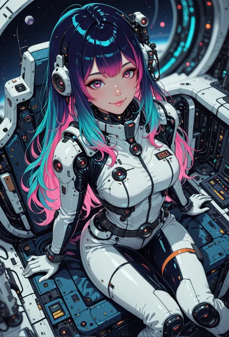 <lora:ck-nc-cyberpunk-IL-000011:1>,  masterpiece, best quality, good quality, very aesthetic, absurdres, newest, 8K, depth of field, focused subject, 1girl, science-fiction,  from front, from above, 1girl, sci-fi, sitting atop space rocket, white space rocket, smile, sexy space suit, swirl, neon hair, long hair, dynamic angle, in the style of cknc
 <lora:MoriiMee_Gothic_Niji_Style_Illustrious_r1:0.5>