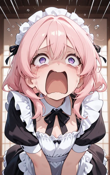 CivChan, <lora:CivChan~uWu~ILLU:1> purple eyes, pink hair, wearing maid outfit, anime, masterpiece, best quality, very aesthetic, newest, 2024, 1girl, solo, <lora:meme_aquascreaming_illustriousXL:0.8> aquascreaming, screaming, open mouth, crying with eyes open