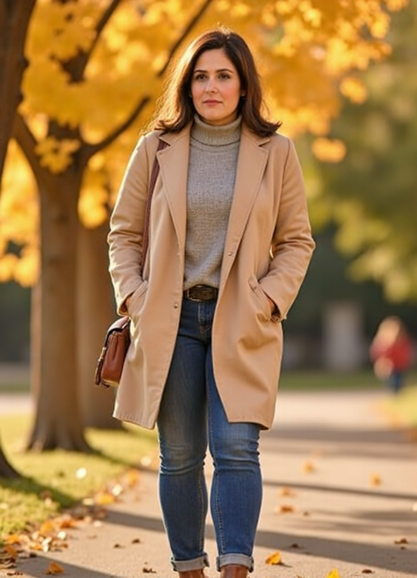 SFW, brightly lit, The image shows a woman walking in a park during autumn. She is wearing a long beige trench coat, a grey turtleneck sweater, blue jeans, and brown ankle boots. She has a brown handbag slung over her shoulder and is looking off to the side with a serious expression on her face. The trees in the background are covered in yellow leaves, indicating that the photo was taken during the fall season. The ground is covered in fallen leaves, creating a beautiful contrast with the warm colors of the trees., aidmaimageupgrader<lora:flux\custom\celebrity\rikki-lake.safetensors:1.05:1.05> <lora:flux\turbo-8-step-flux.safetensors:0.5:0.5> <lora:flux\style\Common\aidmaImageUprader-FLUX-v0.3.safetensors:0.25:0.25>