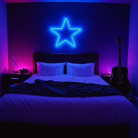 cinematic film still of <lora:Ultraviolet lighting Style:1>
a bedroom with a bed and a neon lit wall Ultraviolet lighting Style,star (symbol),no humans,instrument,guitar, shallow depth of field, vignette, highly detailed, high budget, bokeh, cinemascope, moody, epic, gorgeous, film grain, grainy