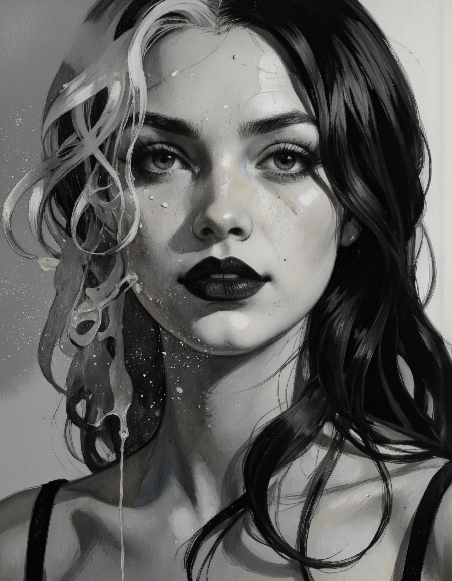 A striking monochromatic portrait of a woman with dark hair, her face partially obscured by delicate water droplets or mist. The woman'sstriking black lips stand out against the otherwise muted tones, and her gaze is directed upwards, evoking a sense of longing or contemplation. The background, blurred and indistinct, allows the viewer's focus to remain on the woman's captivating face and cascading hair, creating an atmosphere of mystery and depth. <lora:Comic_book_opus_3:1>