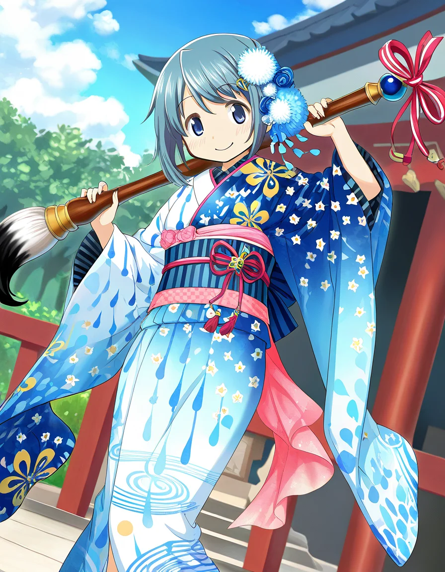 masterpiece, best quality, newest, absurdres, highres, safe, 1girl, miki sayaka \(haregi costume\), magia record: mahou shoujo madoka magica gaiden, holding giant brush, smile, solo, day, outdoors, dutch angle, <lora:miki_sayaka_noobaiXLNAIXL_vPred10Version:0.7>