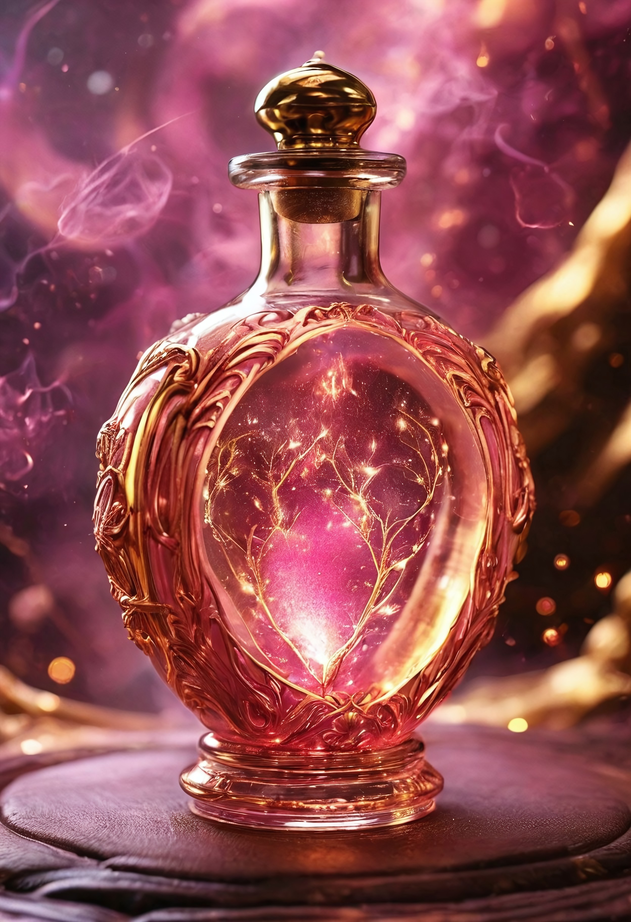 Score_9, Score_8, high_def, highest quality, 4k, best quality, masterpiece, focused, defined, Photorealistic magic potion, intricate glass bottle, elixir, vibrant pink and gold colors, glowing with a soft radiant glow, ethereal light, wax seal, radiant golden highlights, magic lights, luminous, dynamic reflections, magical aura, highly detailed, fantasy essence, glowing spark-like particles, radiant aura, with streaks of molten gold and shimmering metallic accents, evoking a sense of ethereal beauty and majesty