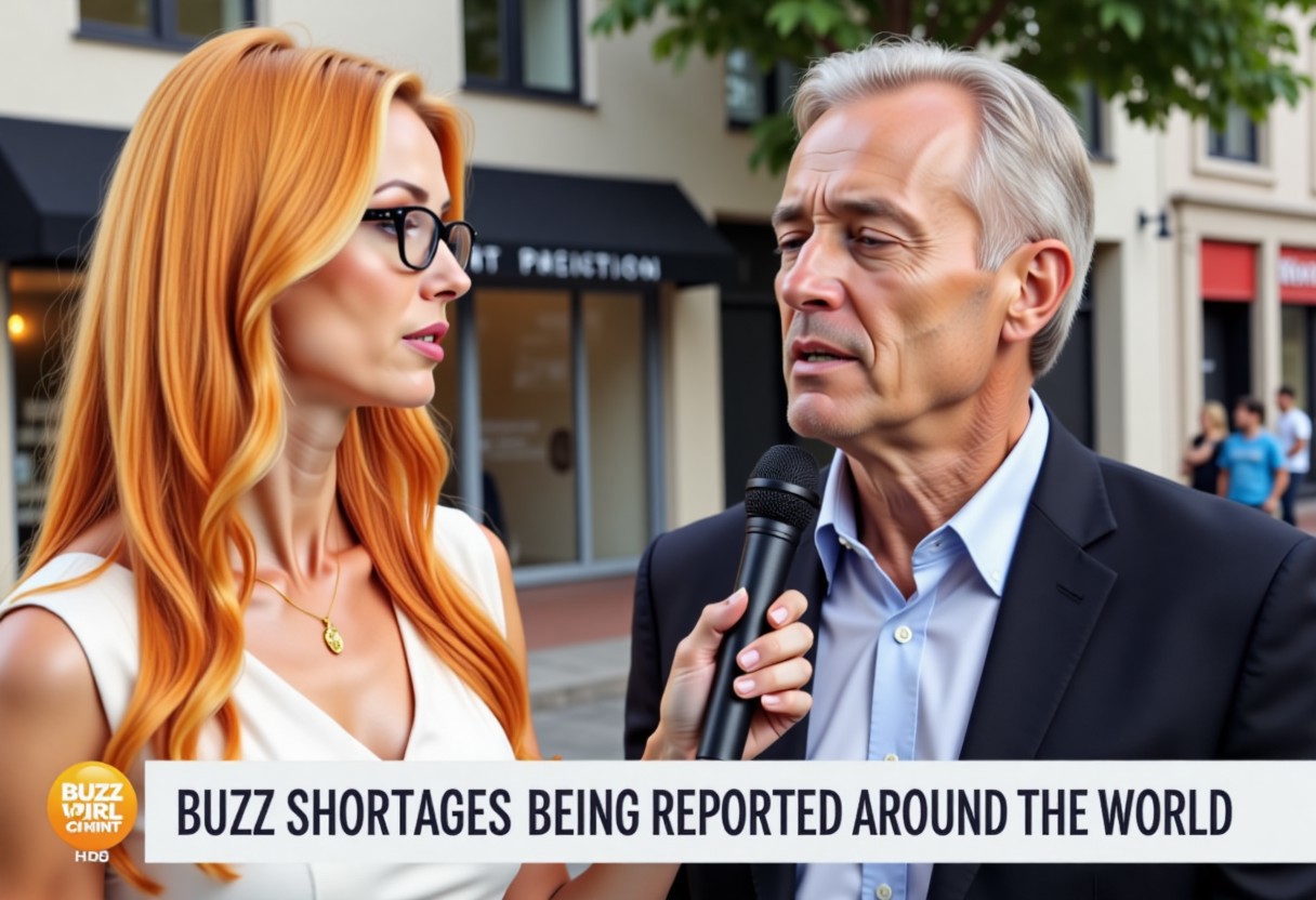 The image shows a news report as Buzz Girl speaks with concern about Buzz shortages across the world.   The news ticker reads "Buzz shortages being reported around the world".  Courtney Kwent is interviewing a man on the street who looks very sad and has tears in his eyes.  She is holding a microphone to his chin.  She has orangish golden blonde hair and glasses.  This is a news broadcast on television.  She is wearing gold buzz necklace: a thin gold chain with a buzz symbol attached.