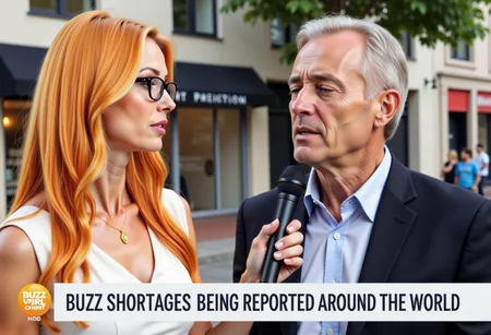 The image shows a news report as Buzz Girl speaks with concern about Buzz shortages across the world.   The news ticker reads "Buzz shortages being reported around the world".  Courtney Kwent is interviewing a man on the street who looks very sad and has tears in his eyes.  She is holding a microphone to his chin.  She has orangish golden blonde hair and glasses.  This is a news broadcast on television.  She is wearing gold buzz necklace: a thin gold chain with a buzz symbol attached.