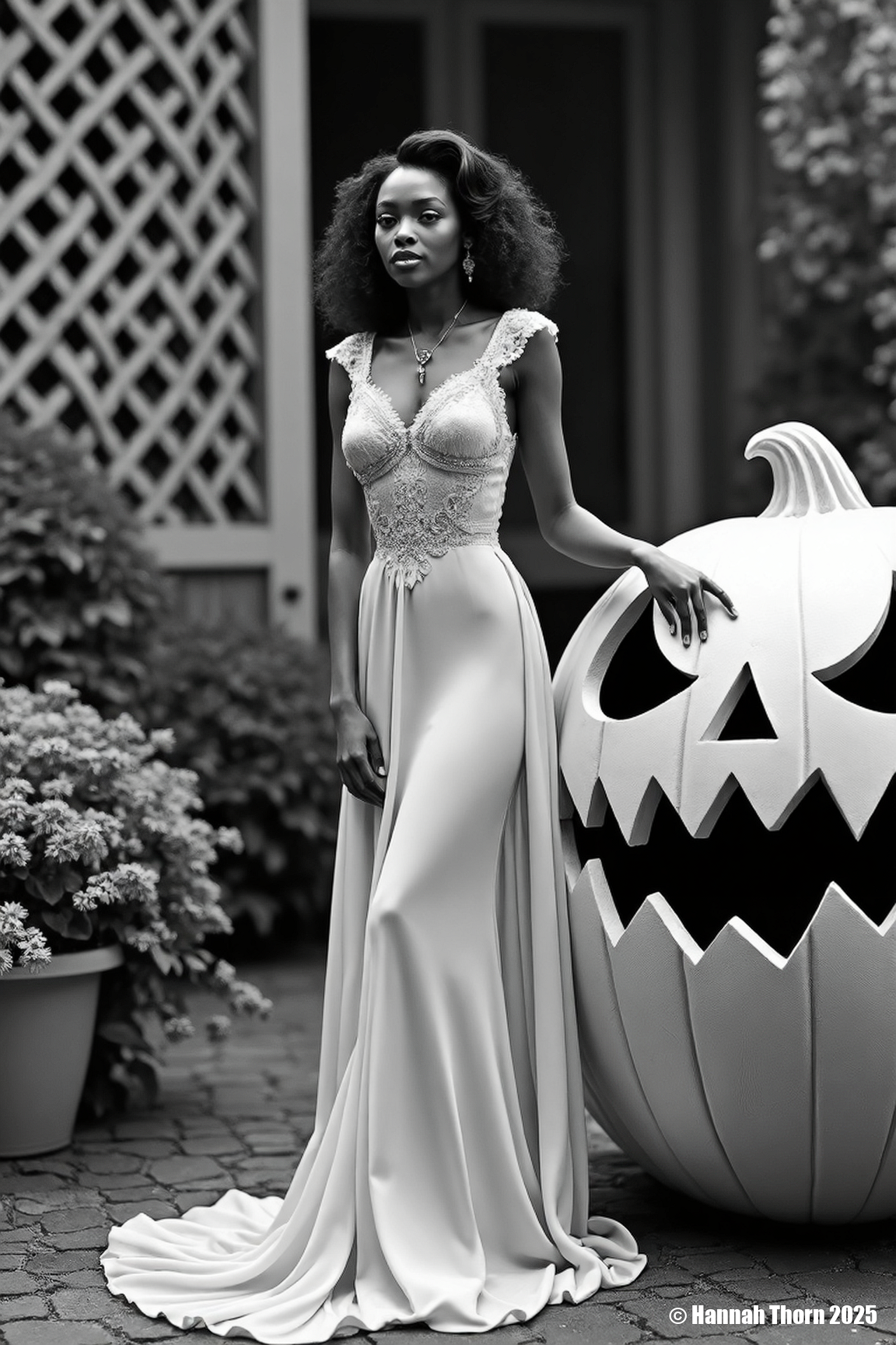 A black and white photograph, reminiscent of vintage Hollywood glamour shots, captures a young black woman in a delicate floor-length gown standing beside a large, intricately carved jack-o'-lantern. The setting is a charming outdoor scene, with a lattice structure and foliage visible in the background. The woman's elegant pose and the festive Halloween prop combine to create a unique and memorable image, balancing elegance with a hint of whimsical festivity. The soft lighting and the overall style contribute to a nostalgic, almost storybook feel.<lora:_Flux\_Film-Retro\Pre-Code_Hollywood-concept_2.safetensors:1.0:1.0>