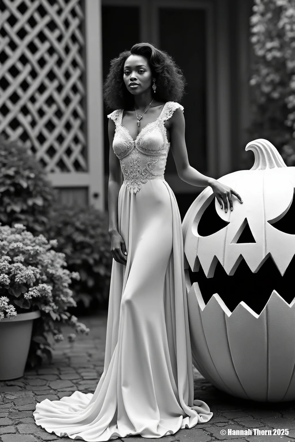 A black and white photograph, reminiscent of vintage Hollywood glamour shots, captures a young black woman in a delicate floor-length gown standing beside a large, intricately carved jack-o'-lantern. The setting is a charming outdoor scene, with a lattice structure and foliage visible in the background. The woman's elegant pose and the festive Halloween prop combine to create a unique and memorable image, balancing elegance with a hint of whimsical festivity. The soft lighting and the overall style contribute to a nostalgic, almost storybook feel.<lora:_Flux\_Film-Retro\Pre-Code_Hollywood-concept_2.safetensors:1.0:1.0>