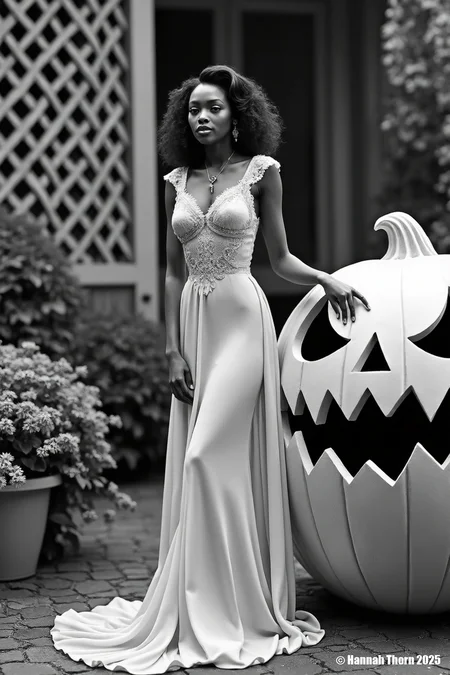 A black and white photograph, reminiscent of vintage Hollywood glamour shots, captures a young black woman in a delicate floor-length gown standing beside a large, intricately carved jack-o'-lantern. The setting is a charming outdoor scene, with a lattice structure and foliage visible in the background. The woman's elegant pose and the festive Halloween prop combine to create a unique and memorable image, balancing elegance with a hint of whimsical festivity. The soft lighting and the overall style contribute to a nostalgic, almost storybook feel.<lora:_Flux\_Film-Retro\Pre-Code_Hollywood-concept_2.safetensors:1.0:1.0>