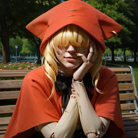 score_9, score_8_up, score_7_up, score_6_up, score_5_up, score_4_up, rating_safe,1girl,solo,chaperomon,hair over eyes,stitches,zPDXL2, <lora:ChaperomonPony:0.95>, mydaz,detailed,octane render,upper body,hand over own eye,winking,park bench,sitting,park,sidewalk