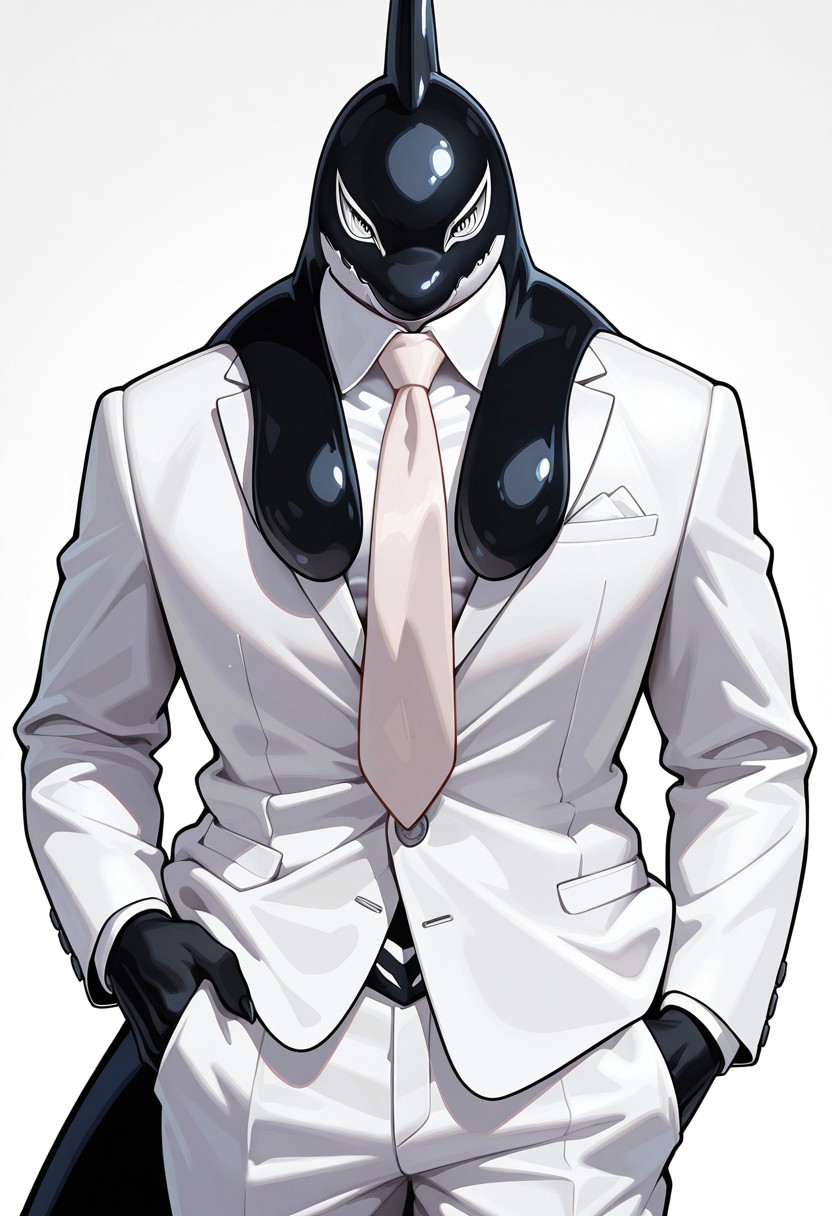 best quality, newest, absurdres, highres,Anthro,orca,Gang Orca,muscular male,black body,white sclera,white suit