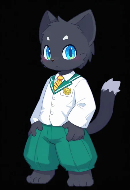 score_9, score_8_up, male, solo, full body, digital art, highly detailed, <lora:CuteMixPDv4:1>, zPDXL2, zPDXLpg, zPDXL, muscular, cat, green trousers, white shirt, no background, simple background, black background, standing posture, big eyes, large pupil, hands on thighs, look at viewer, school uniform, senior high school uniform, blue eyes, black fur, black body, furry, kemono, cute, anthro