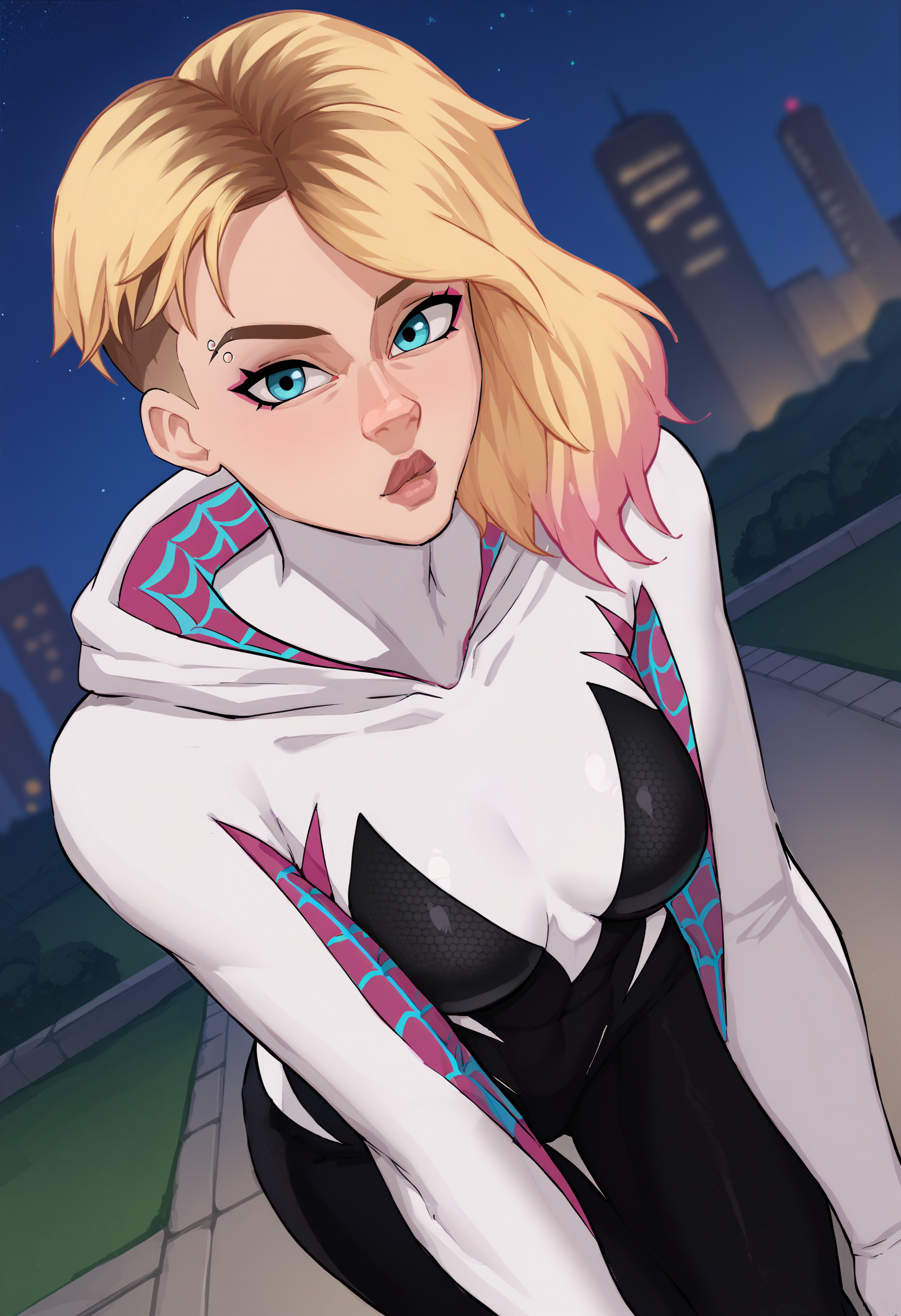 <lora:Cyberboi-guy-PONY-DORAv1:1>, cyboi, score_9, score_7_up, 1girl, solo, blonde hair, pink hair, bodysuit, presenting, looking at viewer, depth of field, night, gwen stacy, spider-gwen, dutch angle