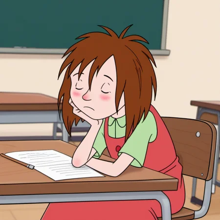 score_9, 1girl, solo, llhh1, brown hair, short hair, red dress, hand rest, closed eyes, blush, sleeping, desk, sitting, classroom, <lora:llhh1:1>,