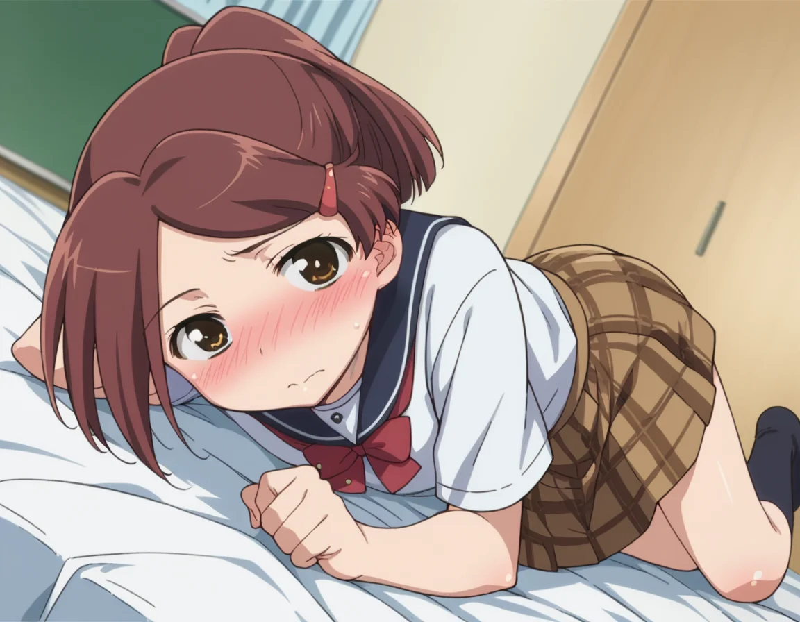 score_9, score_8_up, score_7_up, source_anime,
akosuminoe, <lora:ako-suminoe-ova-ponyxl-lora-nochekaiser:1>,
ako suminoe, short hair, brown hair, hair ornament, brown eyes, ponytail, hairclip,
skirt, shirt, school uniform, white shirt, socks, plaid, kneehighs, plaid skirt,
indoors, bed, bed room, on side, blush, drunk,
looking at viewer, dutch angle, cowboy shot,