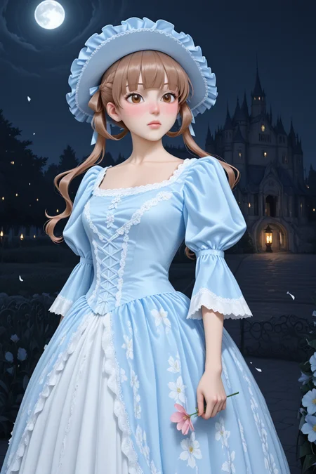 masterpiece, best quality, amazing quality, 1girl, solo, makeup, general, looking at viewer, blush, cowboy shot, holding a ornate masquerade mask, determined expression, soft wind blowing flower petals, night, moon, sky, anime screencap, castle, garden, moonlit atmosphere, glowing lanterns, scattered petals in the air, grand castle in background, fantasy ambiance, from side, outdoors, <lora:Sugar_Apple_Fairy_Tale_Anne_Halford:0.8>, Sugar_Apple_Fairy_Tale_Anne_Halford, long hair, brown hair, twintails, hair ribbon, hair rings, braid, blunt bangs, brown eyes, breasts, <lora:Blue_Rococo_Style_Vintage_Masquerade_Dress:1>, Blue_Rococo_Style_Vintage_Masquerade_Dress, (white dress, blue dress), gown, long dress, blue headwear, bonnet, frills, lace trim, lace, short sleeves, puffy sleeves, floral print, <lora:wai-2Rectified-V140:1>, <lora:illustrious_noobai_epsilon_pred_1_masterpieces_v1:1>