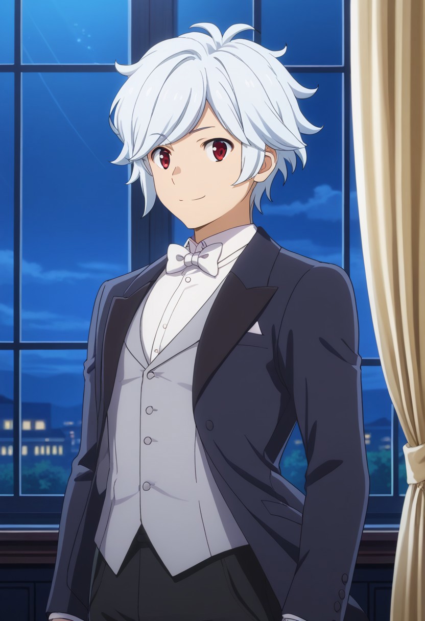 score_9, score_7_up, source_anime 
belcranel, 1boy, male focus, solo, white hair, red eyes, formal, suit, bow, bowtie, white bowtie, shirt, white shirt, vest, grey vest, jacket, black jacket, pants, black pants, upper body, smile, charming,
indoor, windows, curtains, night,