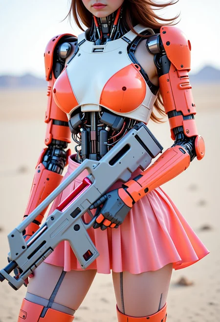 ajpasbot. A photorealistic 3D render showing a detailed close-up of a feminine robot's Upper body featuring a curvaceous form wearing a short pleated skirt and thigh-high stockings. She IS Holding a Large futuristic Energy blaster Pulse rifle, Her exposed mechanical body consists of intricately connected desaturated components - orange and Grey hydraulic pistons, and joint mechanisms visible through transparent panels. The exoskeleton features color-blocked sections in vibrant Red and Pristine white, with delicate seams and intricate mechanical details. Exposed circuitry glows with holographic highlights between armor plates. Her shoulder blades are elegant mechanical structures with prismatic reflections. The short skirt fabric flows with a metallic sheen, while sheer holographic thigh-high stockings hug her mechanical legs, revealing glimpses of the complex mechanical structure beneath. The neon-mist stockings feature intricate geometric patterns. The composition is set against a bleaked White desert background, atmospheric lighting, atmospheric haze, Artificial directional lighting emphasizes the detailed mechanical anatomy and creates playful reflections across the surfaces. Shot in extreme close-up, focusing on the intricate details of her mechanical Upper Body structure.