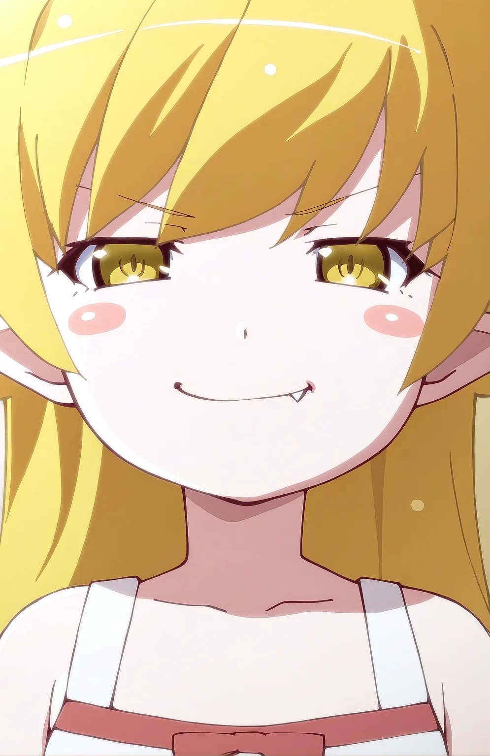 OshinoShinobu. 1girl, long hair, blonde hair, yellow eyes, short pointy ears, blush stickers, white dress, standing, portrait, smirk, fang, cute

