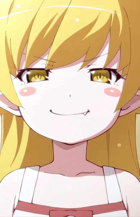 OshinoShinobu. 1girl, long hair, blonde hair, yellow eyes, short pointy ears, blush stickers, white dress, standing, portrait, smirk, fang, cute