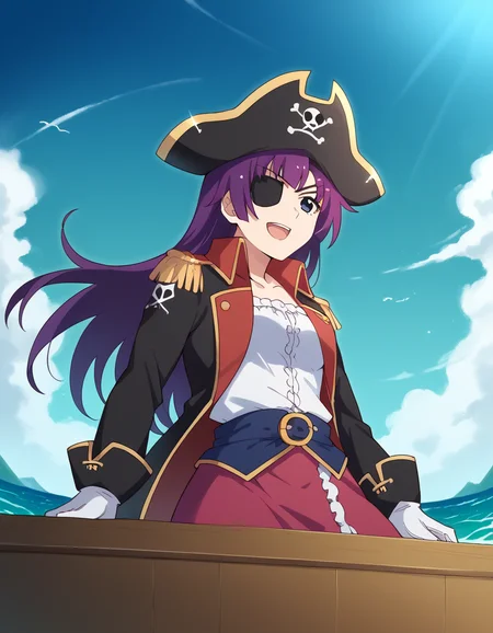 score_9, score_8_up, score_7_up, source_anime, hitagisenjougahara, <lora:hitagi-senjougahara-anime-ponyxl-lora-nochekaiser:1>, senjougahara hitagi, bangs, long hair, blue eyes, purple hair, medium breasts,, <lora:pirate-costume-ponyxl-lora-nochekaiser:1>, pirate costume, pirate hat, skirt, gloves, jacket, shirt, eyepatch,, blue sky, sea, ocean, pirate ship, treasure, gold, smug, open mouth, from below, sitting,, cowboy shot