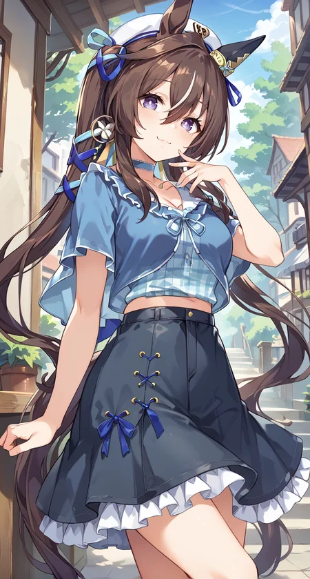 score_9,score_8_up,score_7_up,
official art,official style,game cg,megami magazine,
uncensored,
1girl,
vivlos (umamusume),viv casual,
animal ears,beret,black skirt,blue choker,blue ribbon,blue shirt,
brown hair,collarbone,earrings,floating hair,
frilled choker,frilled shirt collar,frilled skirt,frills,
hair between eyes,hair ribbon,hat,head tilt,horse ears,horse girl,
jewelry,long hair,midriff,mole,mole under eye,multicolored hair,
heart necklace,necklace,purple eyes,ribbon,shirt,
standing,
<lora:umamusume_vivlos_pony_v1:1>,