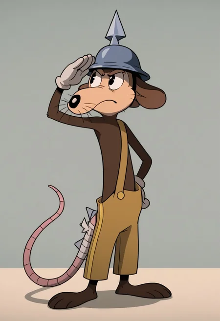 score_9, score_7_up, (masterpiece, extreme detail, best quality), solo focus, male, Werner Werman, mouse, black eyes, brown fur, whiskers, pointy nose, spiked helmet, rat tail, light brown overalls, lederhosen, grey boots, perfect hands, white gloves, cartoon gloves, full-length portrait, skinny, petite, standing, mouth closed, serious, ears down, salute, hand on head,serious, looking up, source_photo, source_furry, extremely detailed, pattern background, shadow, shading, hyperrealistic, bandaged tail