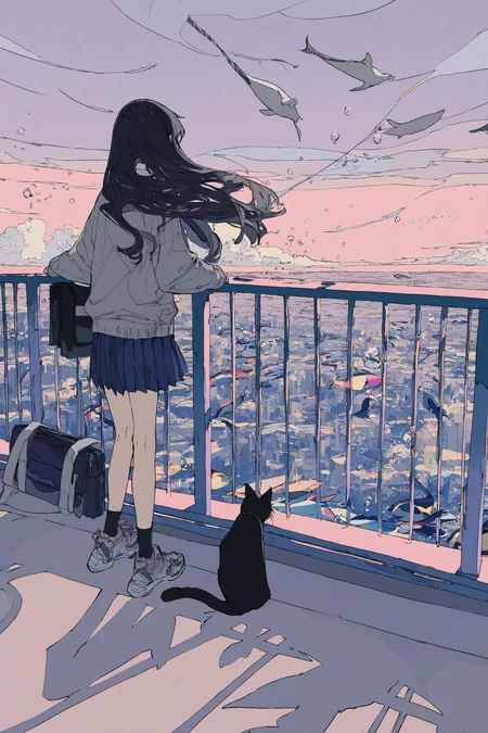 1girl, original,
(cogecha:0.7), (mochizuki kei:0.6), (rafaelaaa:0.8), (zhibuji loom:0.8),
(magotsuki:0.9), (hurray:0.9900000000000001), (solo:1.2100000000000002), air bubble, bag, black cat, black hair, blue skirt, bookbag, bubble, butterflyfish, cat, city, cityscape, cloud, collared shirt, facing away, fish, flat color, flying fish, foot dangle, from behind, grey sweater, horizon, ligne claire, long hair, long sleeves, manta ray, moorish idol, necktie, on railing, pleated skirt, purple sky, purple theme, railing, shirt, shoes, sitting, skirt, sky, sneakers, surreal, sweater, tropical fish, (whale:1.2), white shirt, wide shot, amazing quality,
A group of people standing on a balcony overlooking the ocean. the background is a purple and pink gradient with small white dots scattered throughout. in the center of the image, there are three figures, two women and one man, sitting on the balcony railing. they appear to be looking out at the horizon. on either side of the balcony, there is a large fish-like creature that appears to be floating above them. the creature has long, flowing hair and is wearing a pink dress with white polka dots. it has a blue body and fins, and its wings are spread out as if it is about to take flight.
newest, masterpiece, best quality, very aesthetic, absurdres